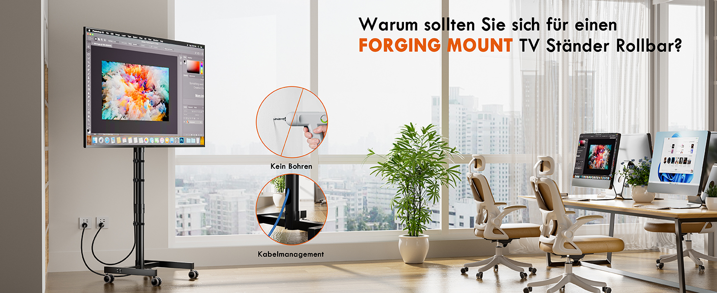 Мобільний підставка для телевізора на колесах FORGING MOUNT, 23-60 дюймів, регулювання висоти та нахилу, VESA 400x400, до 40 кг