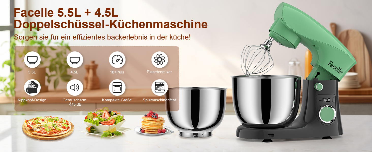 Кухонна машина-міксер Facelle 1500W з великою чашею 5.5/4.5л, 10+ програм, тиха робота, набір насадок (зелено-сірий)