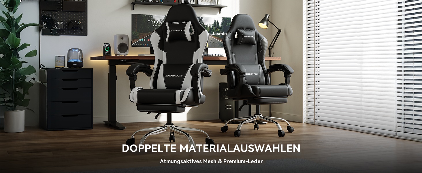 Ігровий крісло Dowinx з підніжкою та масажем попереку. Ергономічне, комфортне, з підголовником. Ідеально для офісу, дому, стрімінгу та тривалих ігрових сесій, біле.