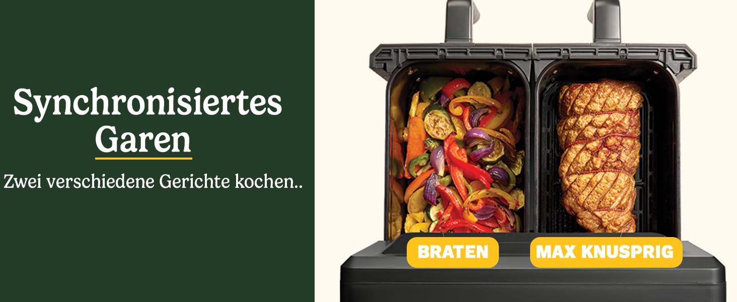 Фритюрниця Cuisinart XXL 10.4L з двома зонами, без PFAS та хімікатів. Брати, смажити, запікати, дегідратувати та підтримувати тепло. 2 камери (2 x 5.2L), 8+ порцій. Деталі придатні для миття в посудомийній машині. Чорний колір.