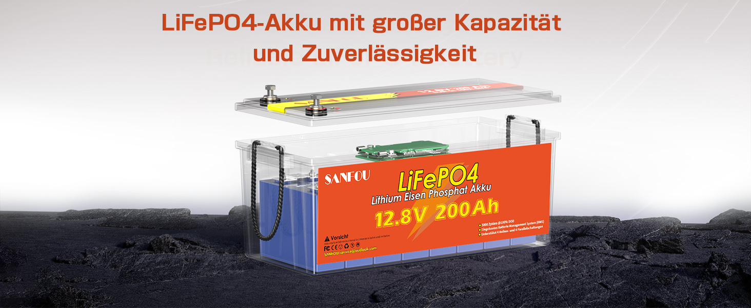LiFePO4 акумулятор 12V 200Ah (2560Wh) з BMS 100A, літієва батарея Deep Cycle для кемпінгу та автобудинків, 12.8V