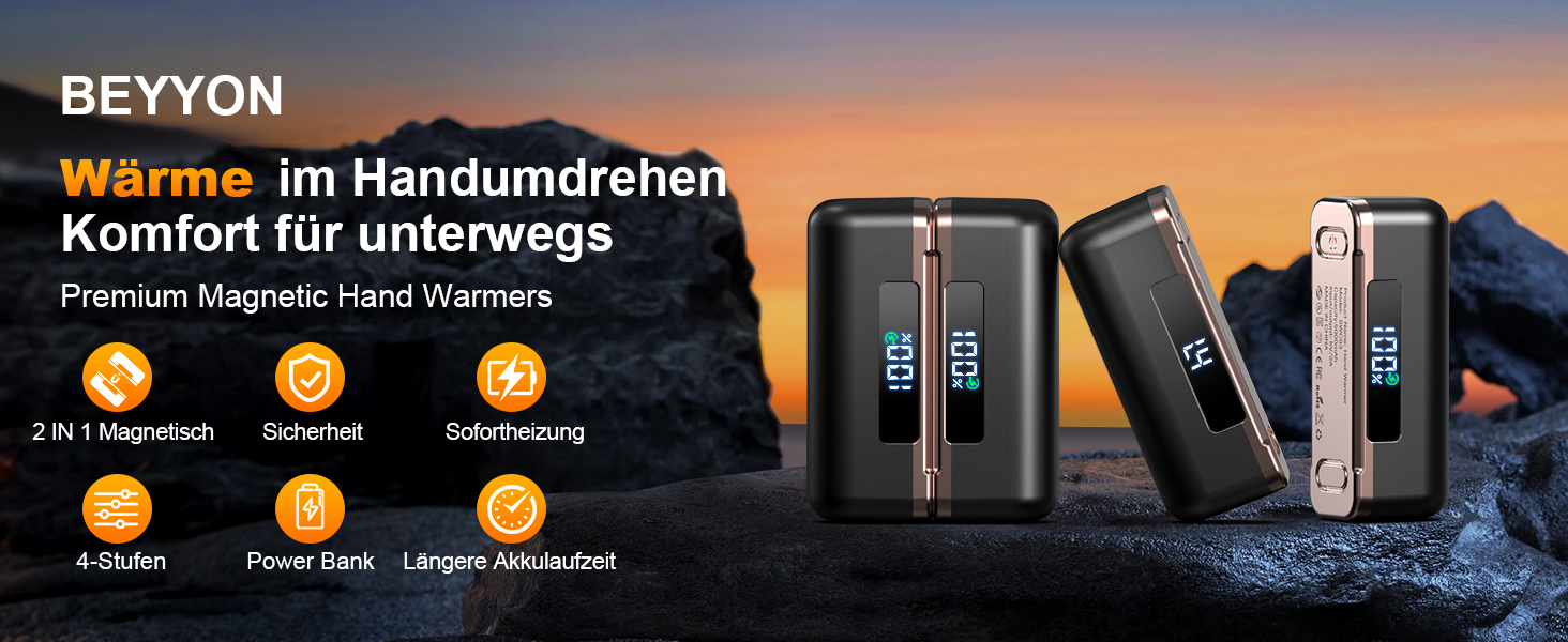 Електричний грір для рук - 10000mAh, магнітний, 2 шт., 4 режими нагріву, до 55°C, швидкий нагрів, USB power bank, чорний