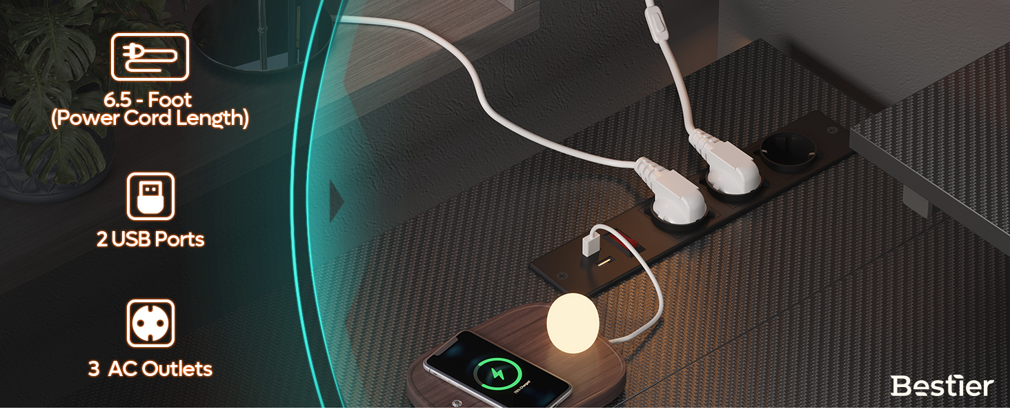 Ігровий кутовий стіл Bestier L-подібної форми з LED-підсвічуванням, розетками, 2 полицями та гачками – кутовий стіл для комп'ютера, офісу, спальні та геймінгу 106 x 80 см, 3D-вуглецеве волокно чорного кольору