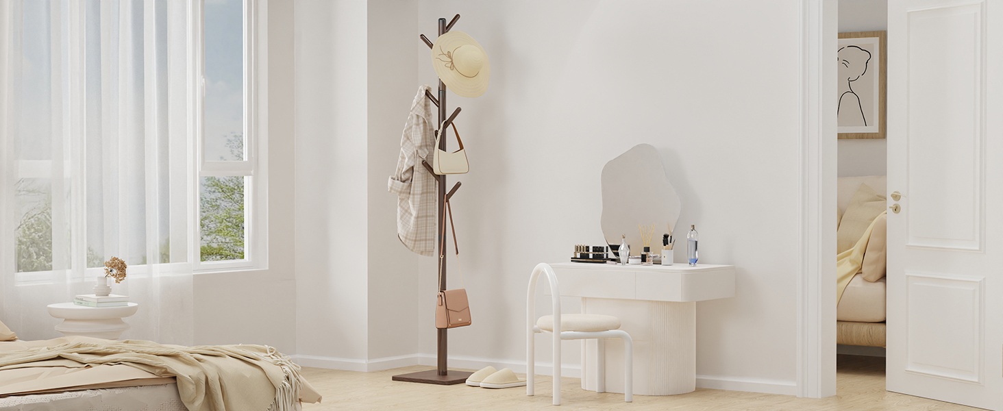 Дерев'яний вішак для одягу, стійка для одягу з 8 гачками, 30x30x180 см, коричневий