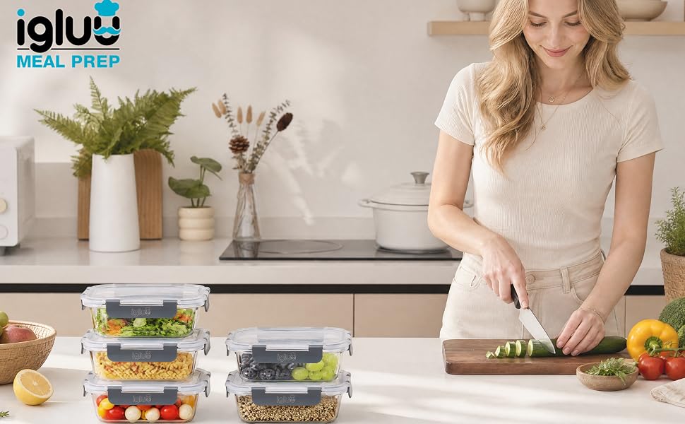 Набір скляних контейнерів для їжі Igluu Meal Prep (10 шт.) — 370мл, 640мл та 1050мл, герметичні ланч-бокси для зберігання продуктів