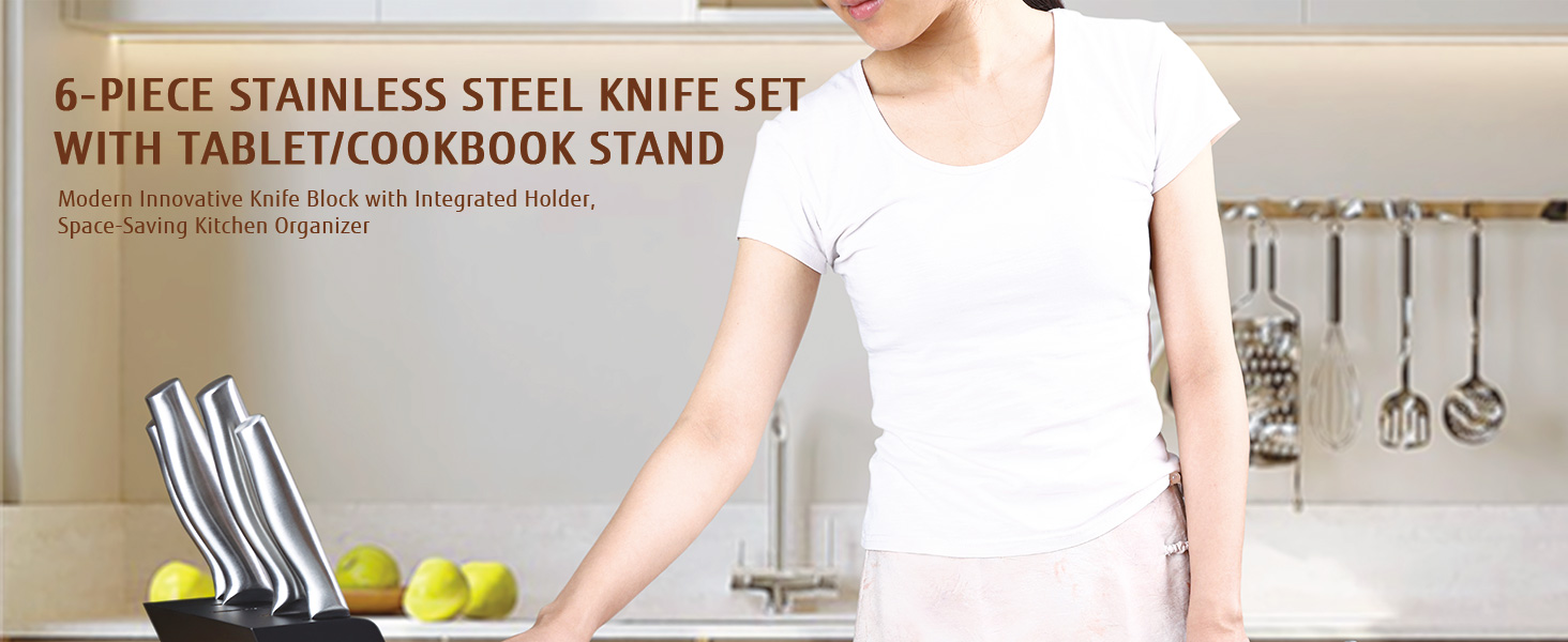 Набір ножів Hecef 6 предметів з підставкою, нержавіюча сталь, кухонні ножі, ергономічні ручки, подарункова коробка