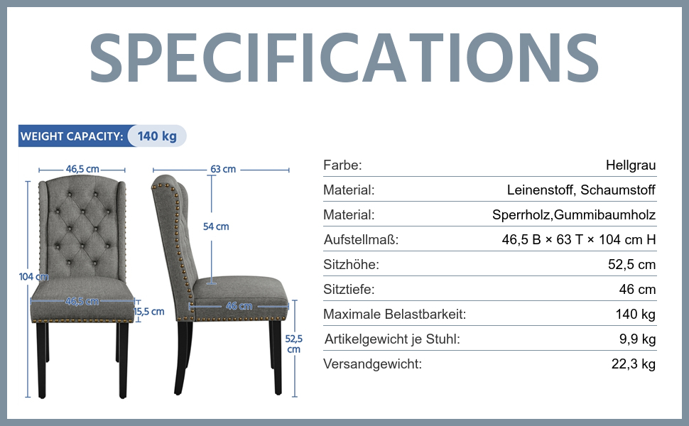 Набір кухонних стільців Yaheetech з крилатим спинком, оббитий стілець для їдальні, до 140 кг, сірий (2, світло-сірий)