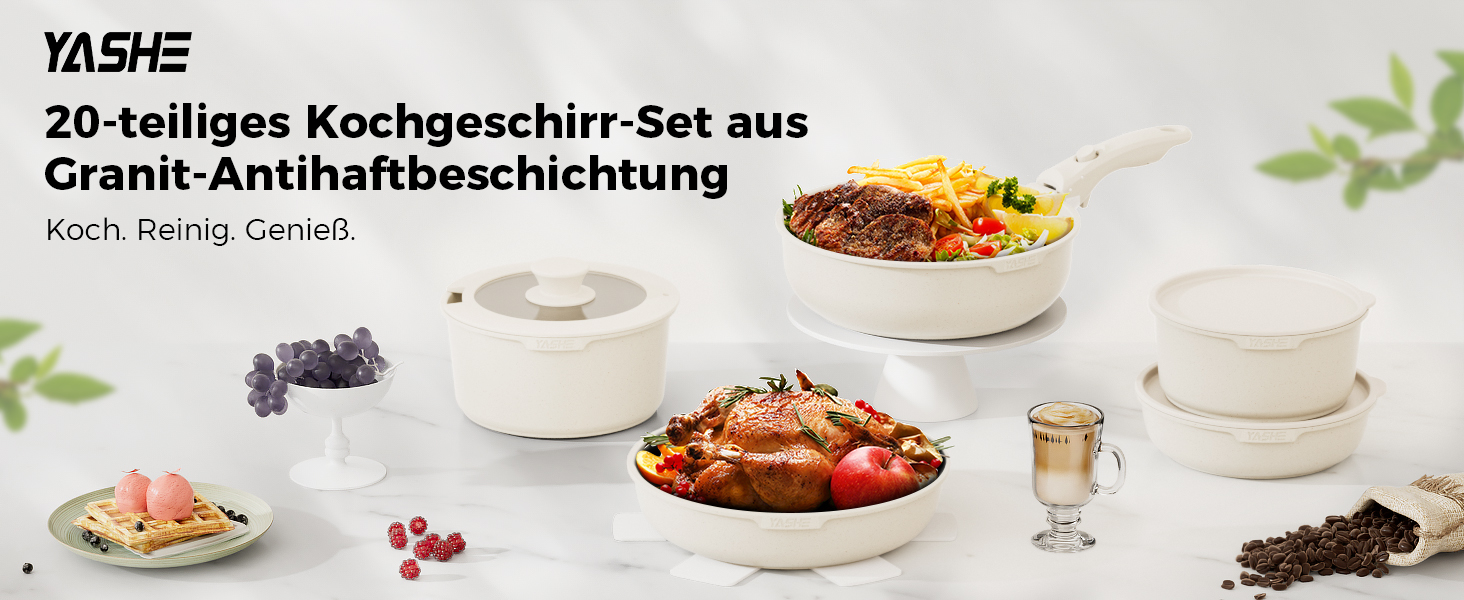 Набір посуду YASHE 20 предметів: каструлі та сковорідки з знімними ручками, антипригарне покриття, індукційний, до 230°C, для миття в посудомийній машині, сірий та білий