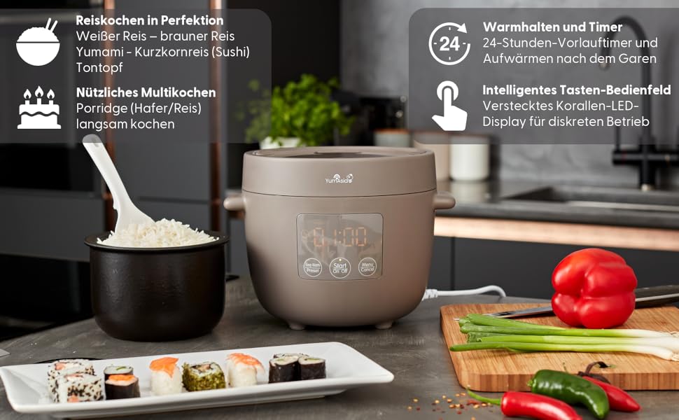 Керамічний рисоварка Yum Asia Tsuki Mini (2,5 чашки, 0,45 л), 5 функцій приготування рису, 2 функції мультиварки, LED-дисплей, 220–240V (Сірий)