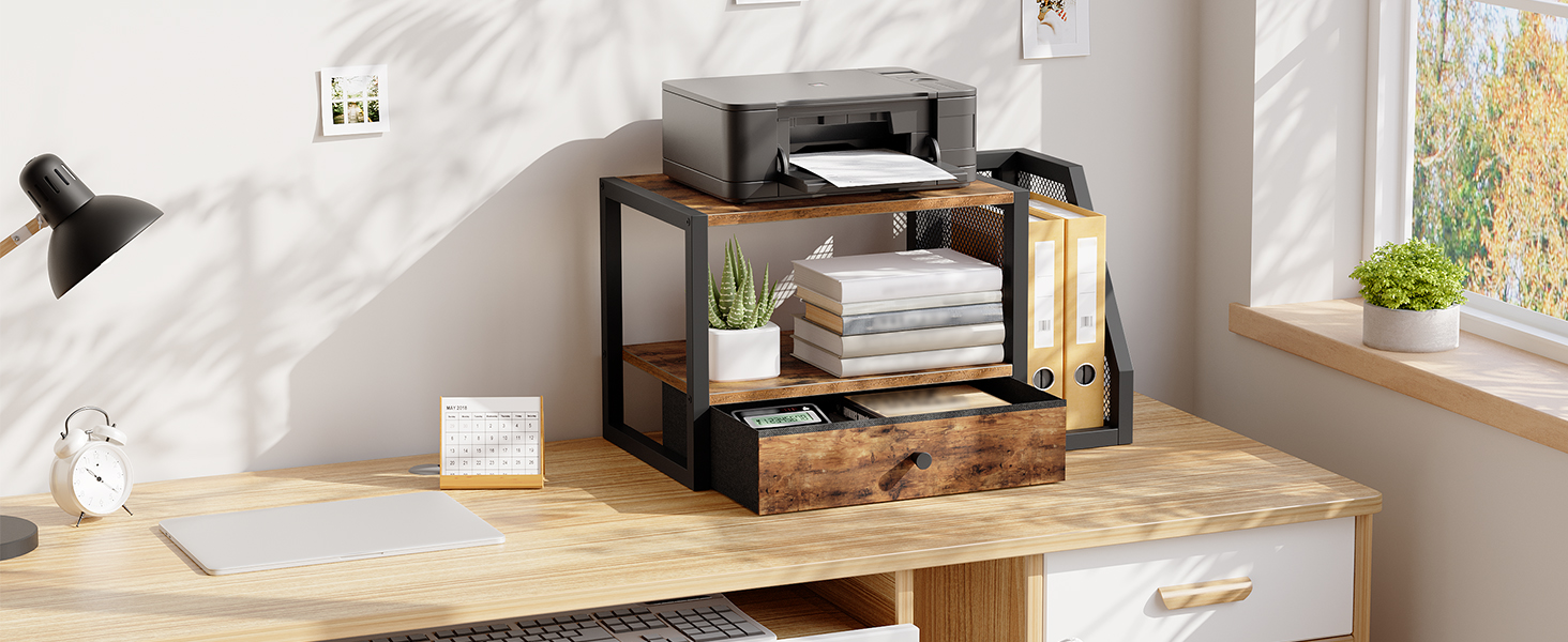 Стіл для принтера, 2-рівневий, з ящиком для зберігання, стелаж для принтера, для дому, офісу, кухні, вітальні, рустикальний коричневий APTHR3001