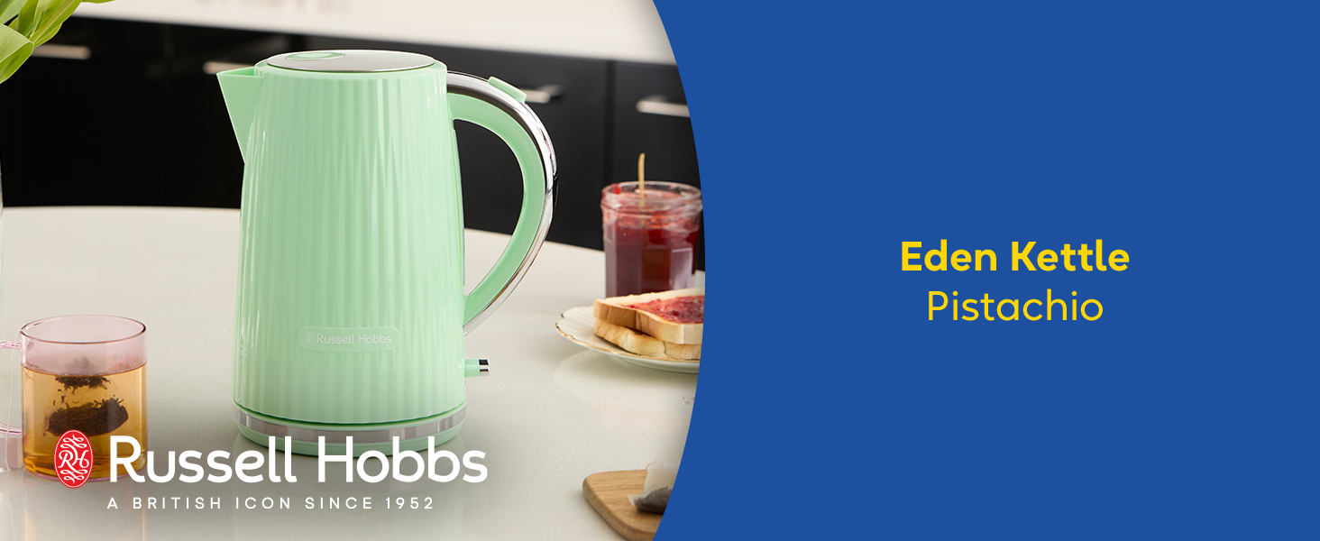 Електричний чайник Russell Hobbs Eden 27362-70, 1.7 л, 2400 Вт, колір фісташковий, нержавіюча сталь, з фільтром від накипу та індикатором рівня води