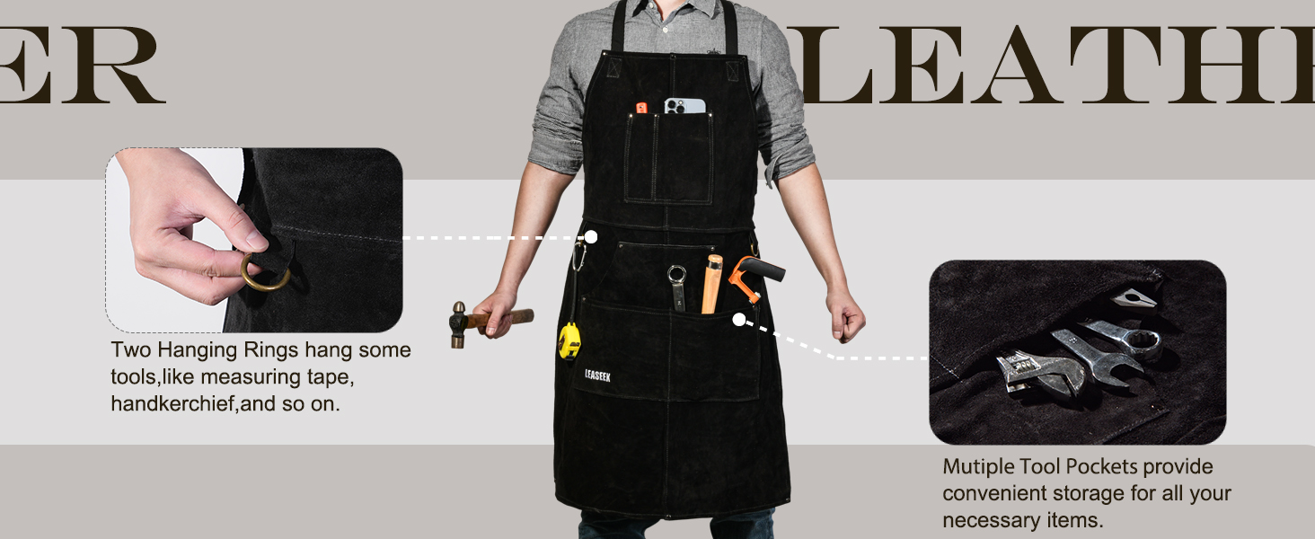 Шкіряний фартух для зварювальника LeaSeek з 6 кишенями, термостійкий та вогнестійкий, великий розмір 42' x 36', з рукавичками (чорний)
