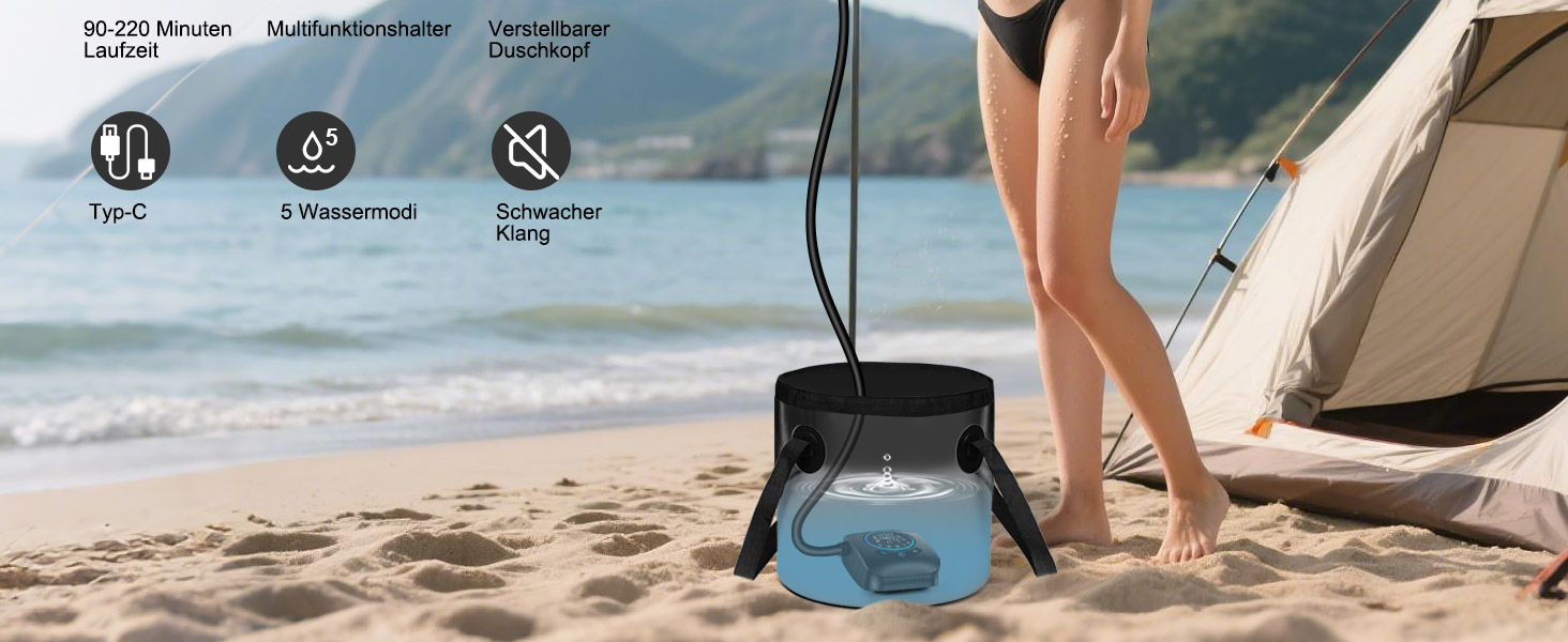 Портативна душ для кемпінгу AUTOPkio з акумулятором 8000mAh, насосом та дисплеєм, IPX8, чорний