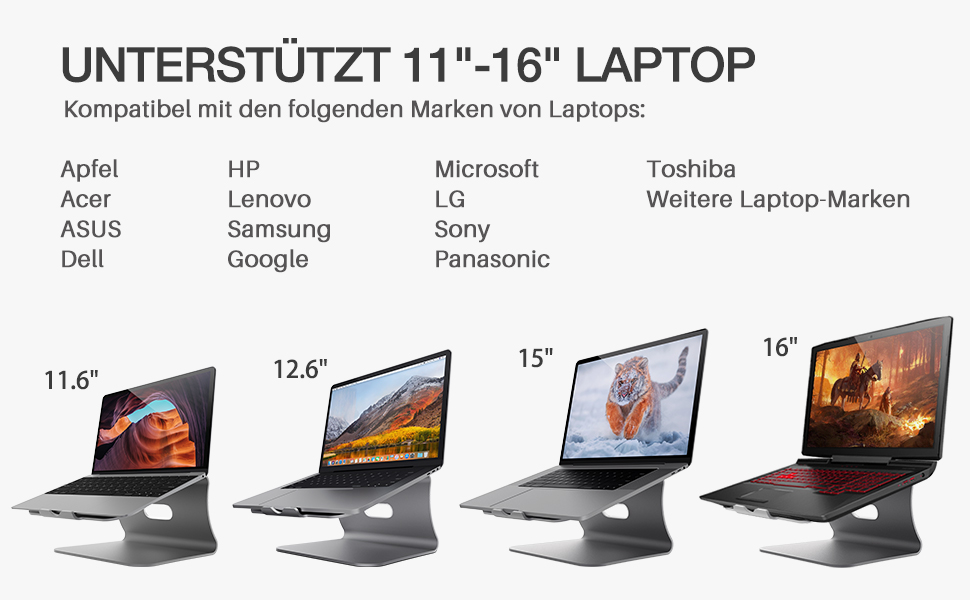 Підставка для ноутбука з алюмінію, сіра, для MacBook Air/Pro, Dell, HP, Lenovo, Microsoft Surface, Samsung (11-16 дюймів)