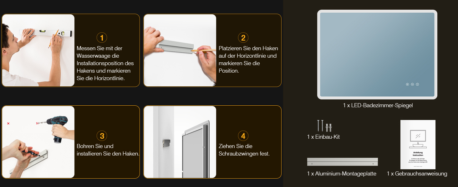 LED дзеркало для ванної кімнати 80x60 см з підсвічуванням, диммування, антизапар, 3 кольори світла, IP44, функція пам'яті, горизонтальне/вертикальне кріплення