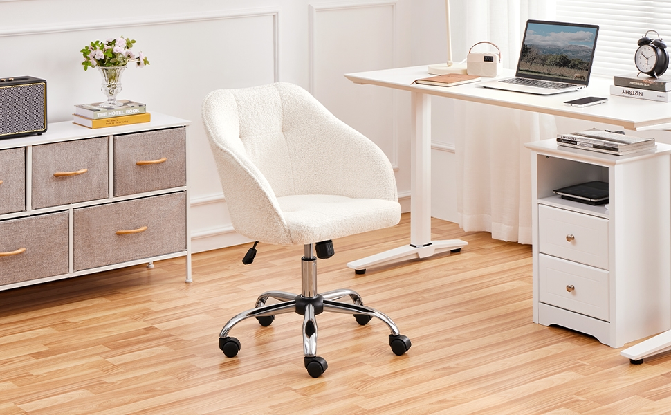 Крісло Yaheetech для дому та офісу: пуф для макіяжу, регульоване по висоті, поворотне, оксамитове, для робочого кабінету, спальні, дихаюче, на коліщатках, до 136 кг, слонова кістка