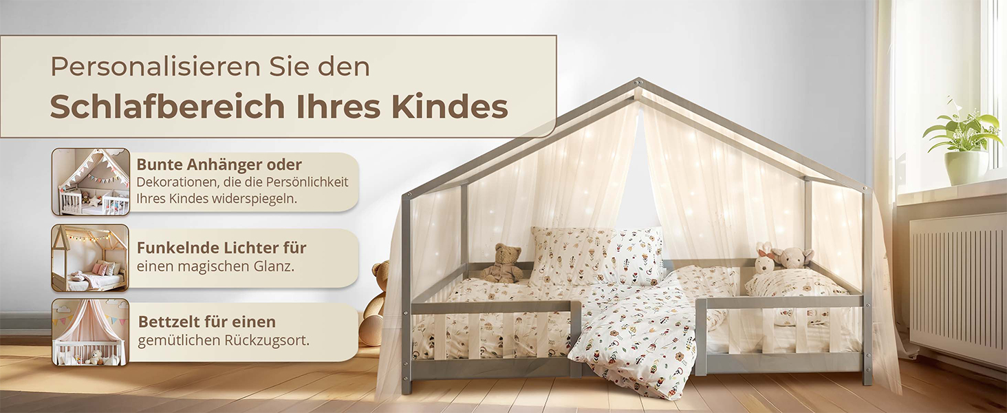 Дитяче ліжко Treviolo з захистом від падіння, 120x200 см, з ламелями, з сосни, колір дерева, Montessori