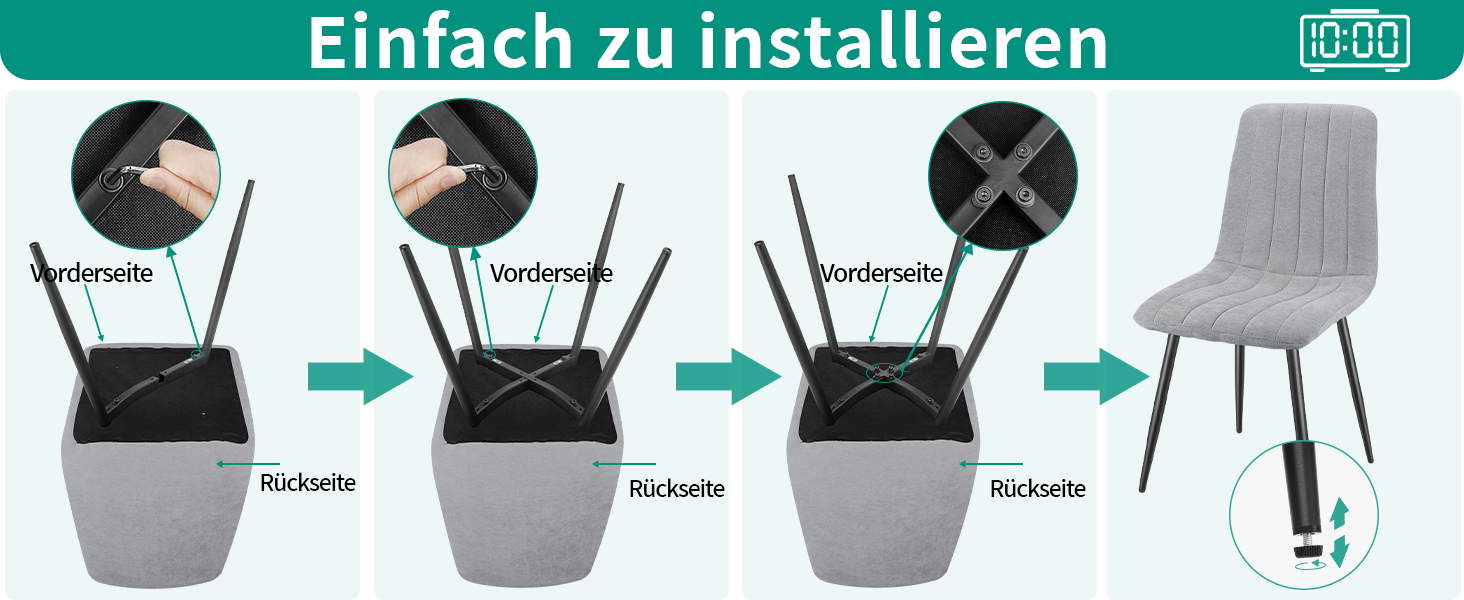 Набір з 4-х оббитих стільців для їдальні з тканини льон та чорними металевими ніжками, смугастий дизайн, для їдальні, вітальні, спальні, кухні, рецепції, сірий