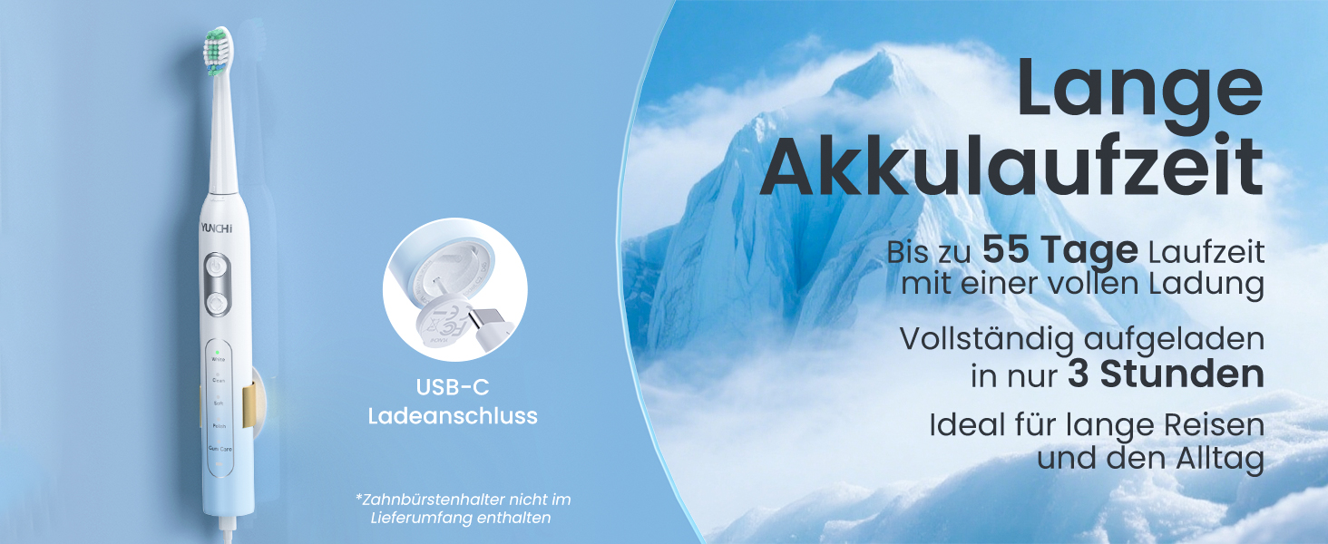 Електрична зубна щітка YUNCHI - звукова, для дорослих та дітей, 40000 VPM, USB-C, 5 режимів, 8 насадок + чохол, блакитна