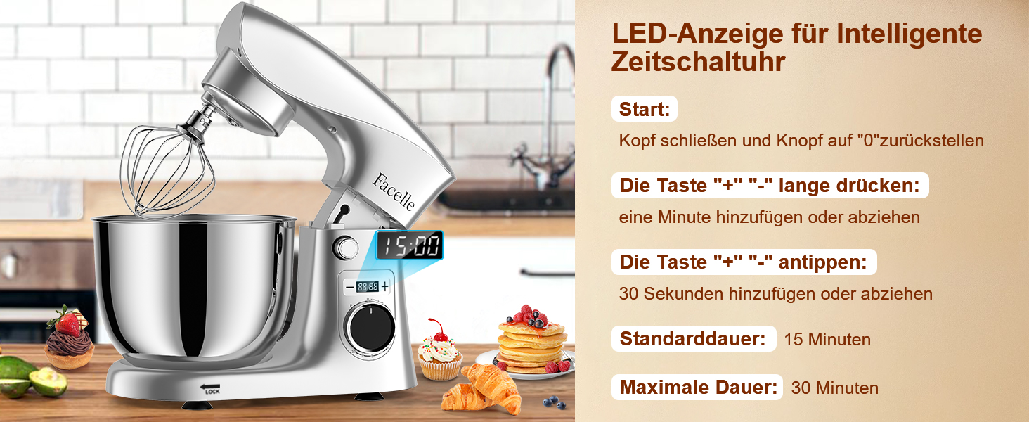 Кухонна машина-міксер Facelle 1500W з 5.5L та 4.5L чашами, 10+ програм, тиха робота, срібна