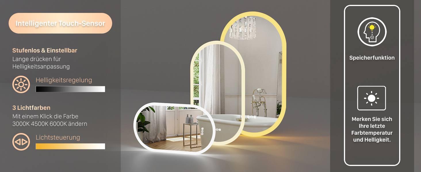 Дзеркало для ванної кімнати LUVODI овальне зі світлом, 50x80 см: LED, сенсорне керування, антизапар, 3 кольори, регулювання яскравості, пам'ять