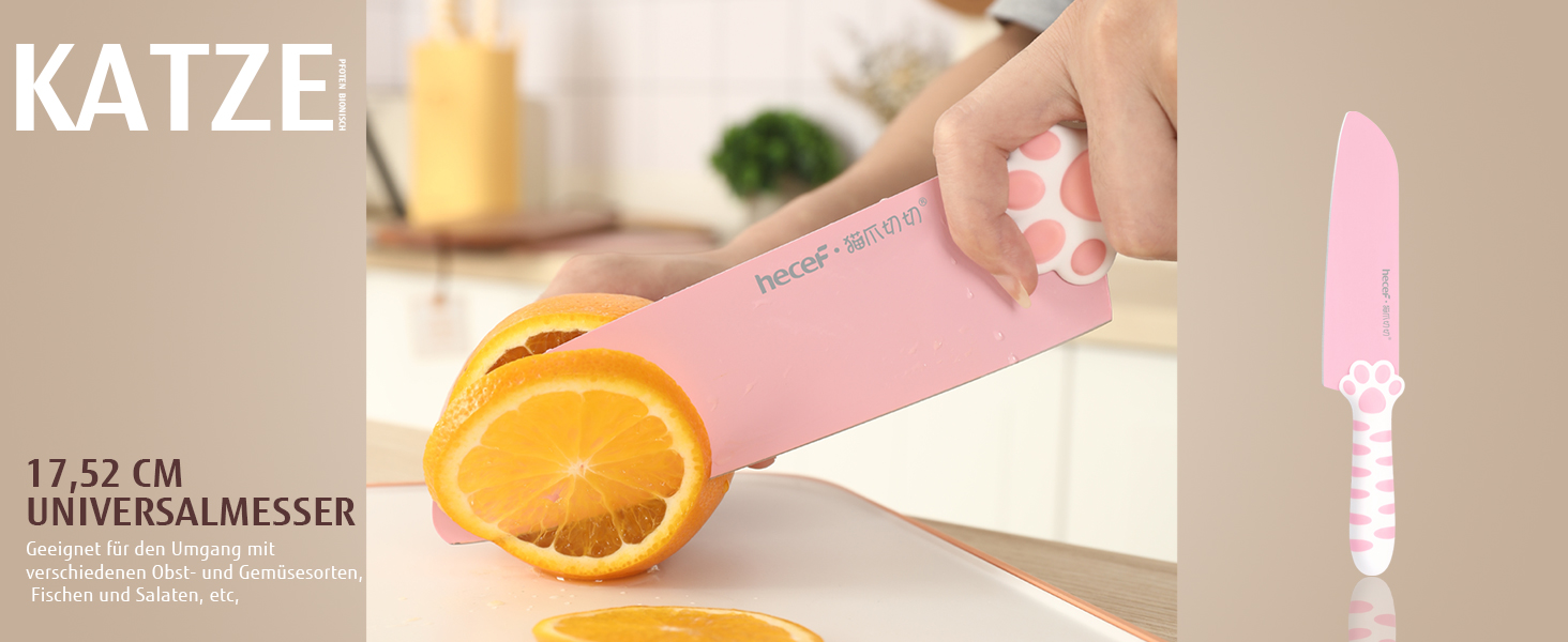 Набір кухонних ножів Hecef: 5 штук у блоці, рожевий, з ручками у формі котів