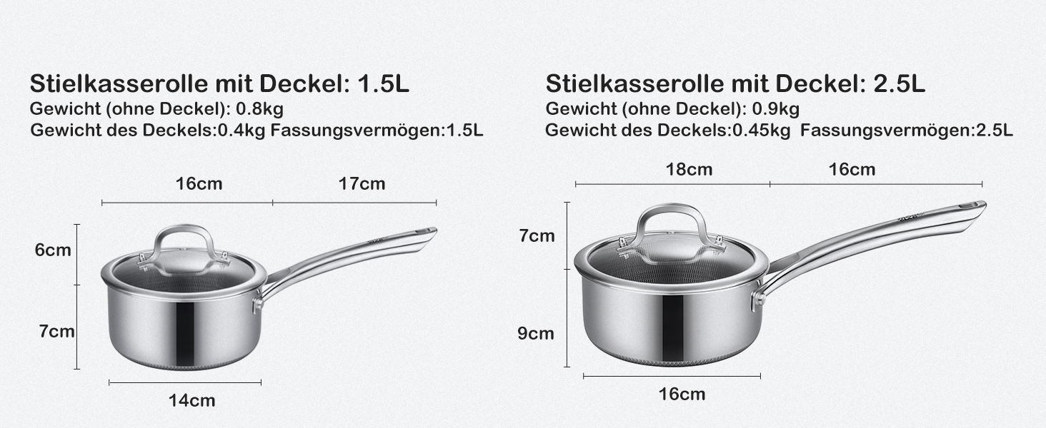 Набір каструль з нержавіючої сталі 10-ти частинний, індукційне дно, антипригарне покриття, 20/24 см сковороди, 1,5/2,5л каструлі з ручками, 5,8л ковшик, 2,8л сотейник, підходить для всіх типів плит, можна використовувати в духовці та мити в посудомийній машині