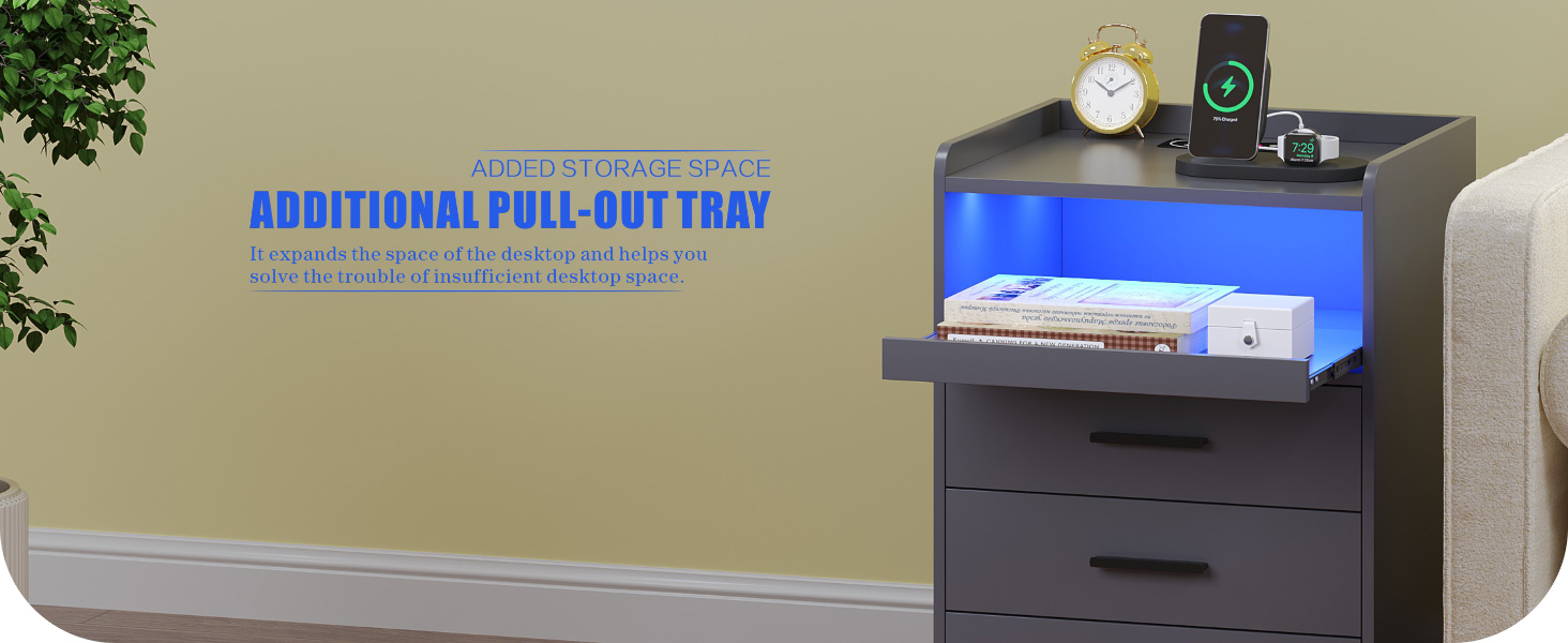 Нічний столик FREDEES з LED-підсвічуванням, ящиком та зарядкою, сірий (2 шт.)