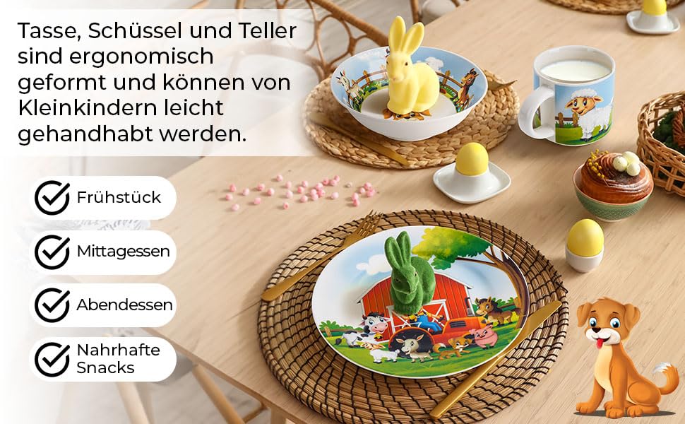 MIAMIO Набір дитячого посуду з порцеляни (3 шт.) - Тарілка, миска, чашка - Для дітей та малюків (Ферма)