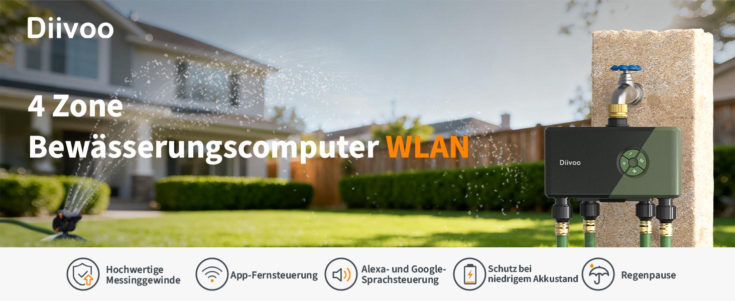 Таймер поливу Diivoo WLAN з 4 виходами, латунні з'єднання, 12 програм, сумісний з Alexa/Google, датчик дощу для саду, газону, балкону