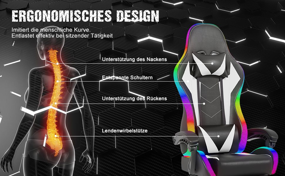Ігровий крісло Devoko з LED підсвічуванням, білий. Ергономічний офісний крісло з функцією масажу, телескопічною підніжкою, регулюванням спинки 90-135°, вантажопідйомність 150 кг