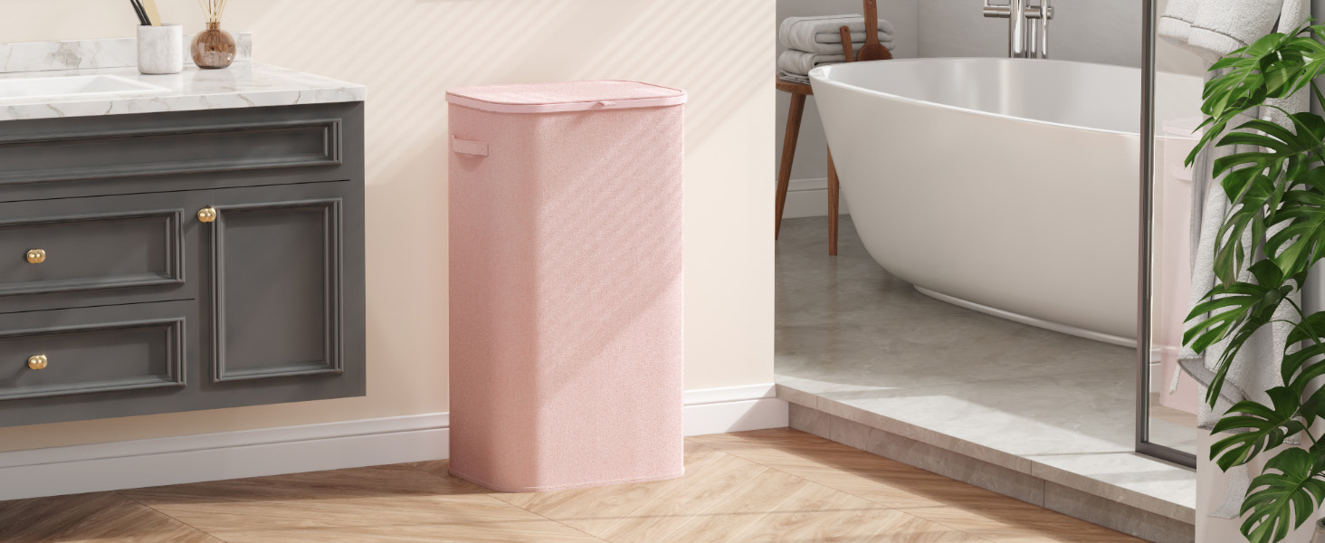 Кошик для білизни з кришкою Lifewit, 105л, рожевий, з міцним пластиковим каркасом, великий, складний, для спальні, ванної кімнати