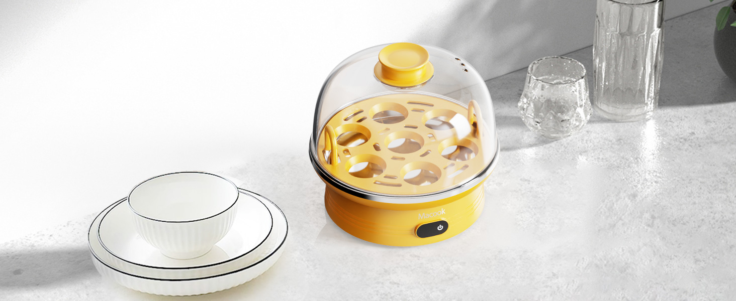 Яйцеварка Macook на 1-7 яєць, комп'ютеризоване керування, яйцеварка зі світлодіодним сенсорним екраном, регулювання твердості, захист від перегріву, яйцеварка з сигнальним сигналом, без бісфенолу А, 350 Вт, жовтий