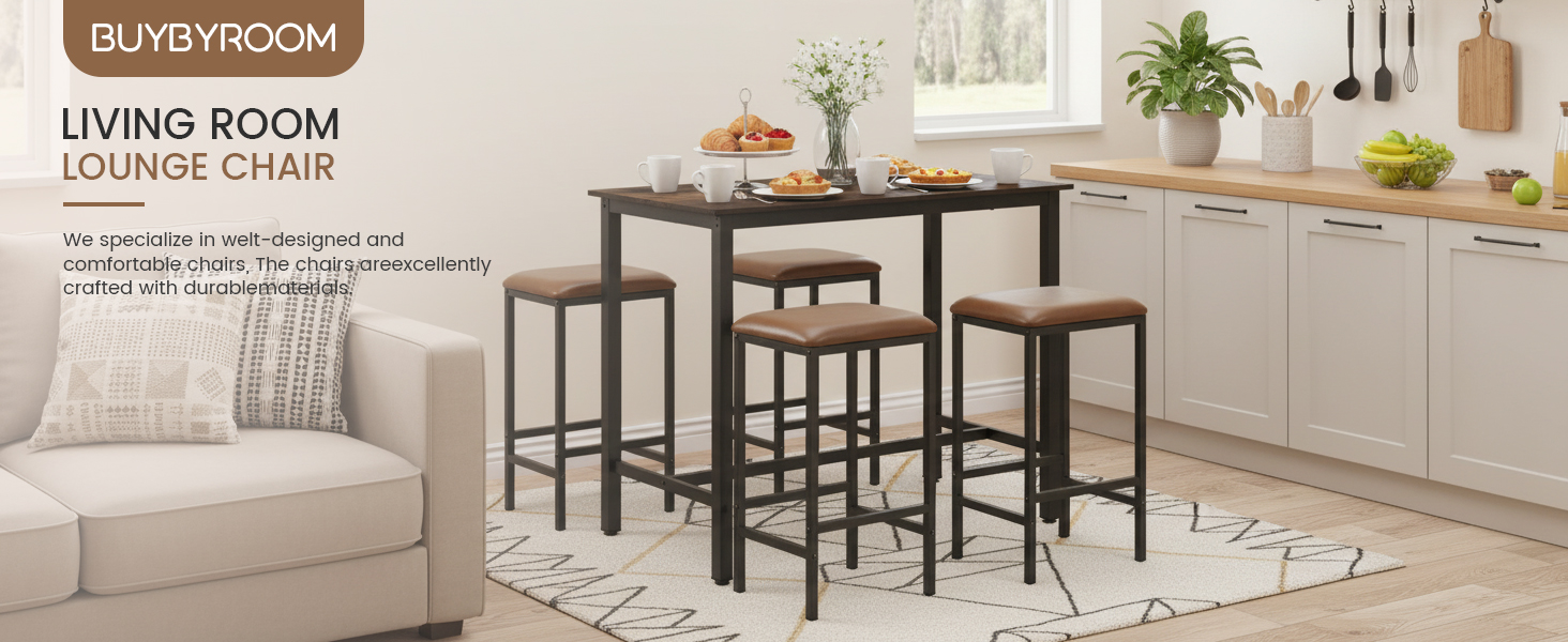 Набір барний стіл з табуретами: стіл (120x60x90.5 см) та 4 табурети (39x29x64.5 см), вінтажний дизайн, коричнево-чорний колір, для вітальні та кухні