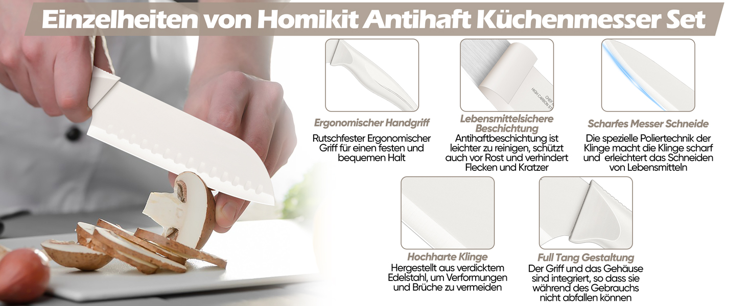 Набір кухонних ножів Homikit з підставкою, з шліфувальником, нержавіюча сталь, 6 ножів для стейку, антиковзні ручки, 15 предметів