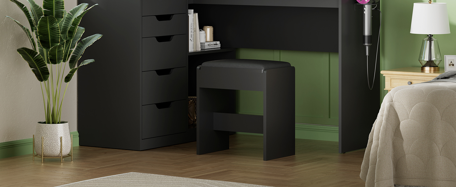 Дзеркальний столик для макіяжу Devoko з LED-підсвічуванням та пуфом, кутовий туалетний столик з розеткою, 5 ящиків, відкриті полиці, тримач для фену, для спальні (Білий) (Чорний)