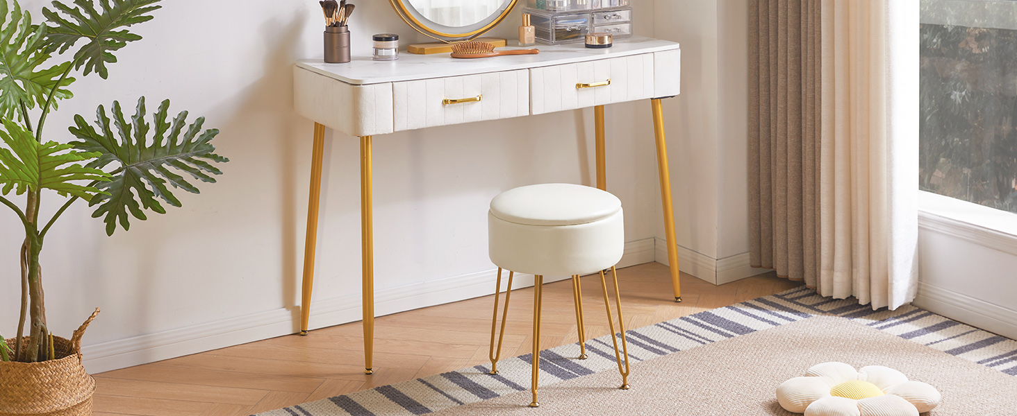 Пуф-табуретка з велюру круглої форми, золоті ніжки, для макіяжу та відпочинку, L/G-30P (з ящиком для зберігання, світло-коричневий)