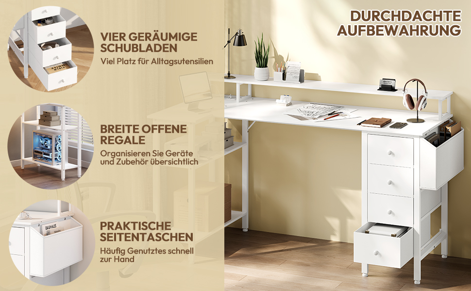 Кутовий стіл Yaheetech L-подібний з розетками, 120 x 68 см, білий. Ігровий стіл з кріпленням для монітора, 4 шухлядами, 2 полицями та кишенькою для зберігання. Для дому та офісу.