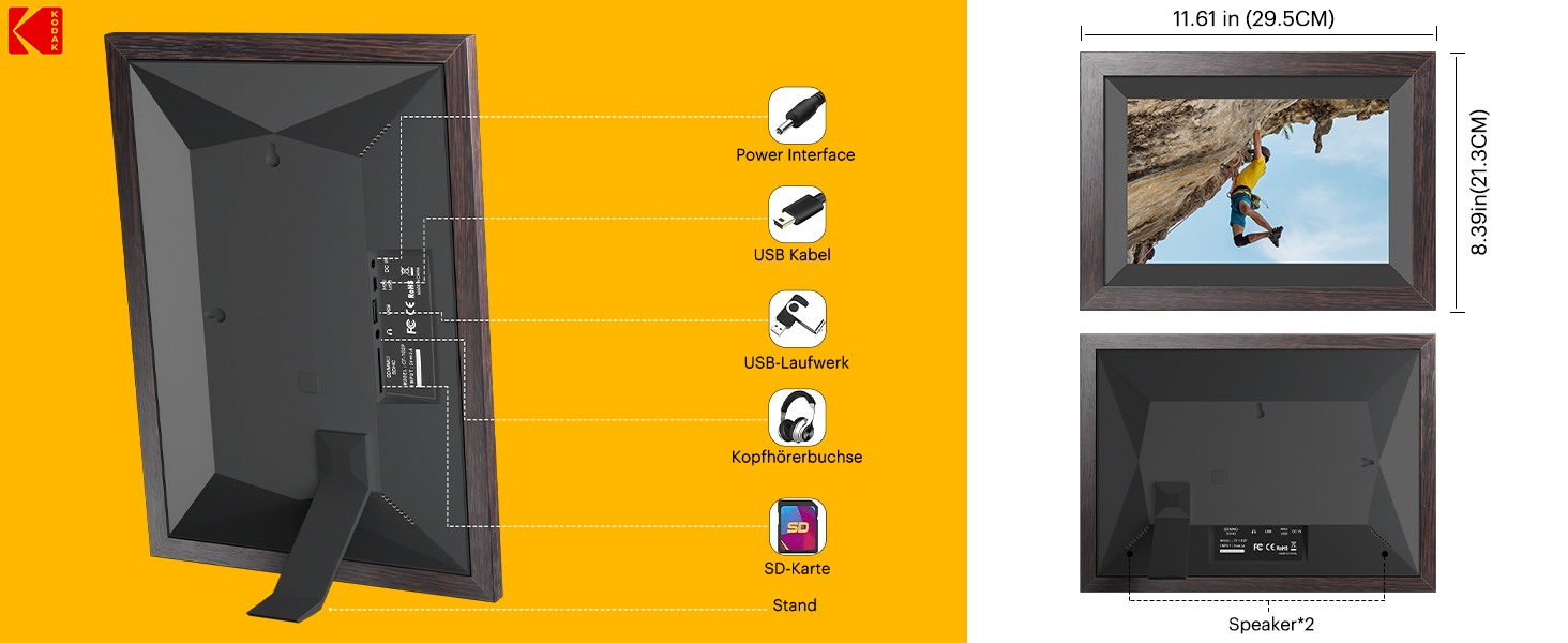 Цифровий фоторамка Kodak 10,1 дюйма WiFi, IPS Touchscreen, 32GB, Автоматичне поворотання, для кріплення на стіну, ділитися фото з будь-якого місця, коричневий (чорний каркас)