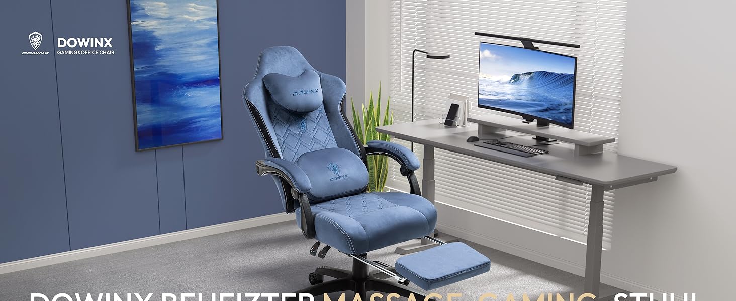 Ігровий крісло Dowinx з масажем, ергономічний дизайн, підставка для ніг, тканинний чохол, поперекова подушка, підголовник, 200 кг, блакитний