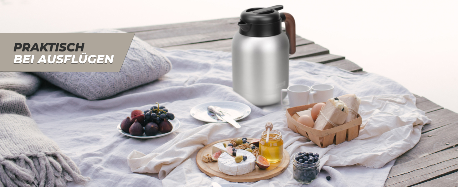 Термос LEBENLANG 1,5L з керамічним покриттям - з ситом для чаю | 24 години зберігає тепло | Термокана для кави та чаю | Сріблястий