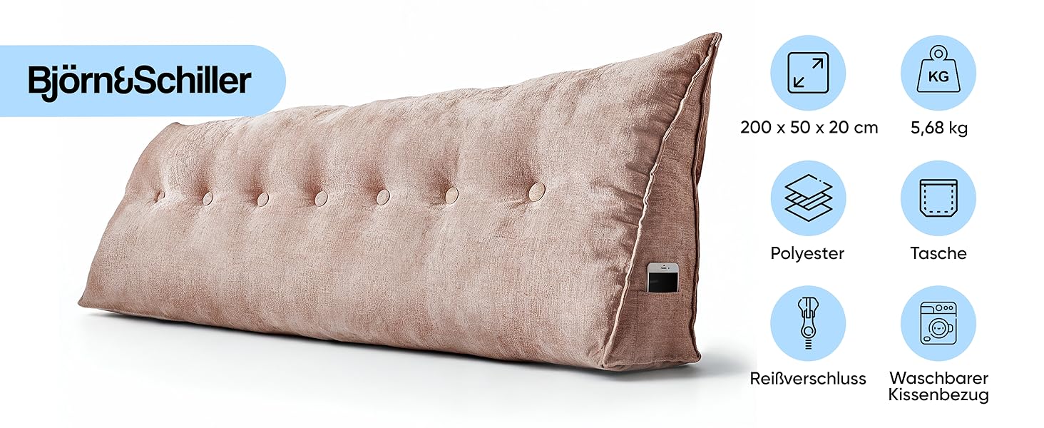 Підвалинник для спини Björn&Schiller - подушка для читання в ліжко та диван, клиновидна подушка, спинка для стіни, сидіння, подушка для стіни, велика знімний чохол (шампань, 200 см)