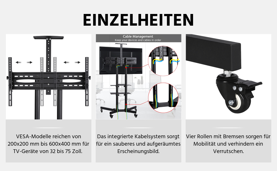 Візок для телевізора Yaheetech, регульований по висоті та нахилу, для плоских/вигнутих телевізорів з діагоналлю до 75 дюймів, макс. 600x400 мм VESA