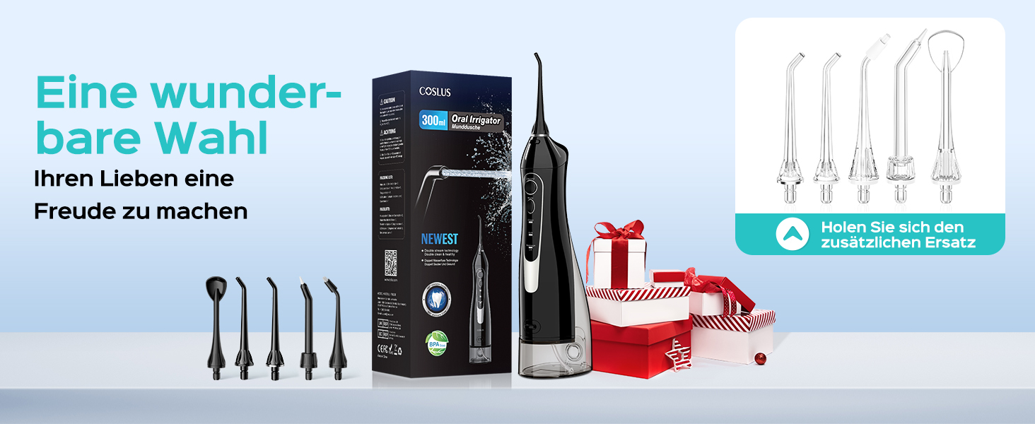 Портативна електрична душова насадка COSLUS: 300 мл, IPX7, 5 насадок, для догляду за порожниною рота, білий (чорний)