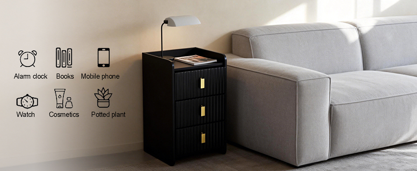 Нічний столик з 3 шухлядами, дерев'яний, з різьбленою передньою частиною, чорний. Нічний столик для спальні, вітальні, легко збирається.