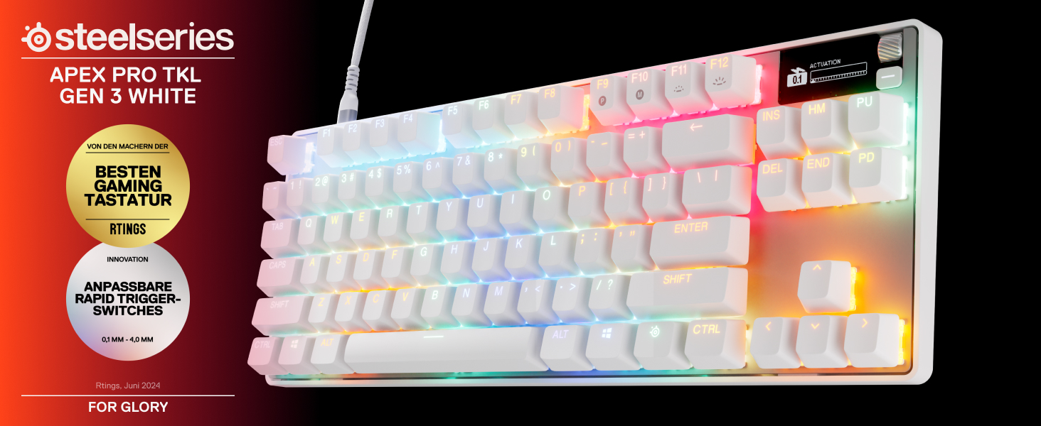 Клавіатура SteelSeries Apex Pro TKL Gen 3 для геймінгу з перемикачами Hall Effect та OmniPoint 3.0 - регульована чутливість, пресети для ігор, захист від зносу, німецька QWERTZ (Nordisch QWERTY), бездротова, біла