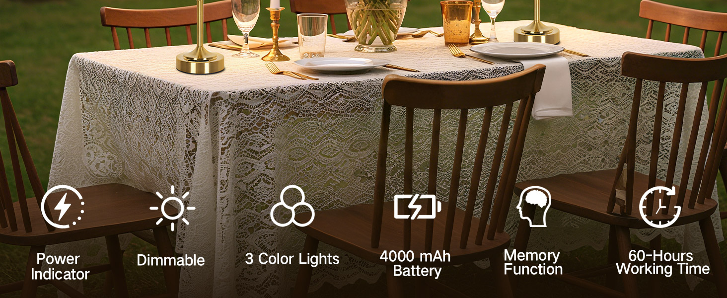 OUTON Настільна лампа бездротова, 2 шт. – диммування, 3 кольори світла, 4000mAh, USB-C, 60 год роботи, золота для спальні, вітальні, їдальні