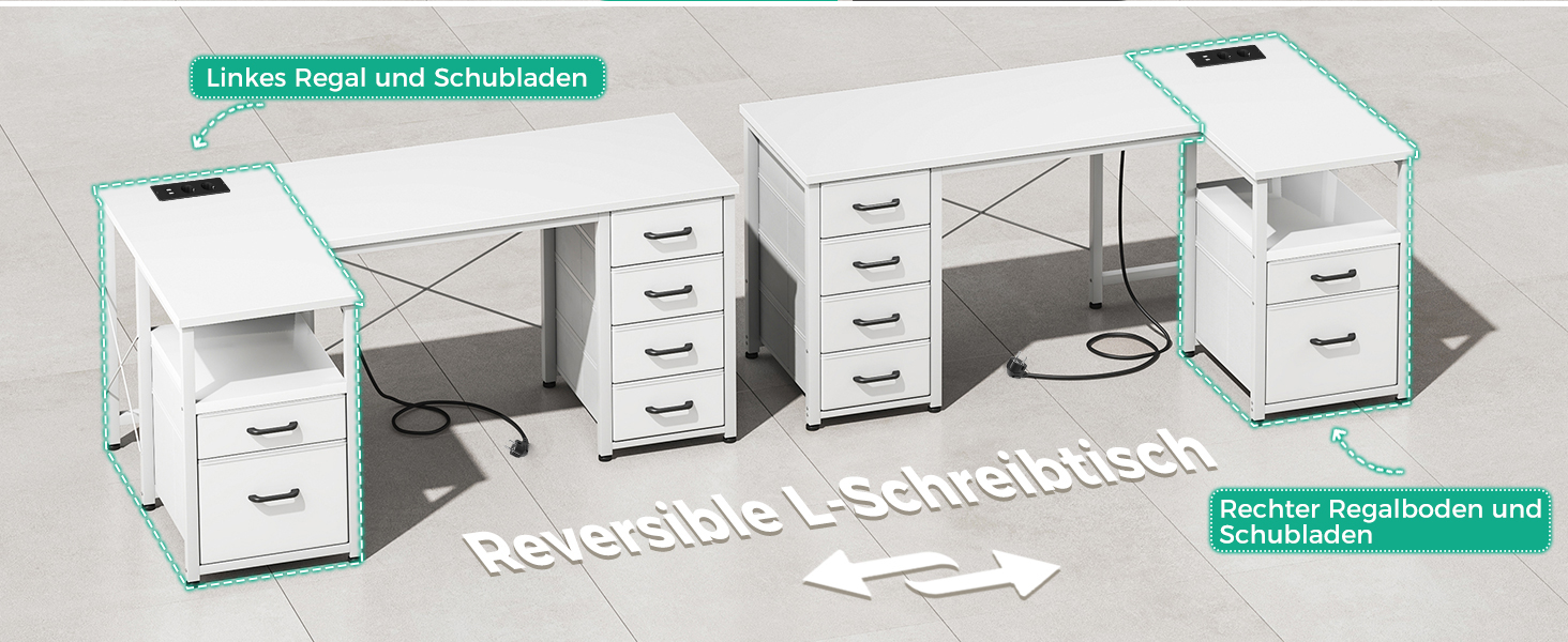 Комп'ютерний стіл Coleshome L-подібної форми з ящиками для документів, USB-роз'ємом та розеткою, для дому та офісу (білий, 140x70 см)