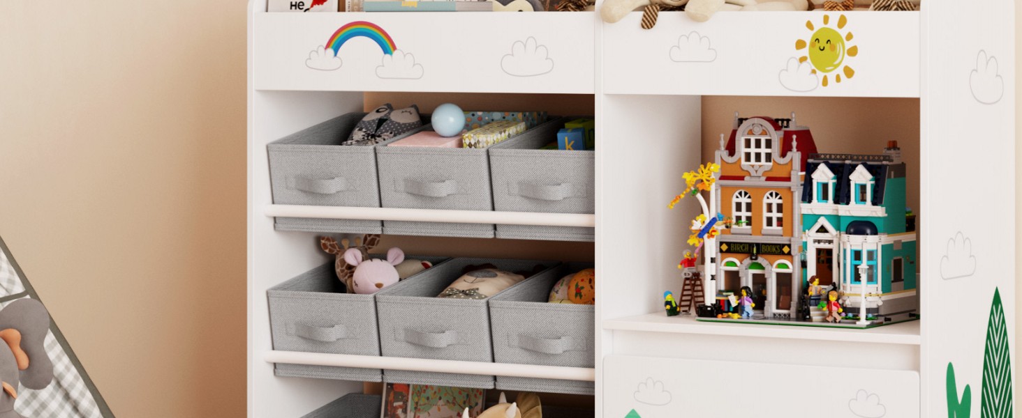 Дитяча полиця для іграшок HOCSOK з 10 тканинними коробками для зберігання, полиця для книг, іграшковий ящик на колесах, органайзер для іграшок у дитячій кімнаті, білий