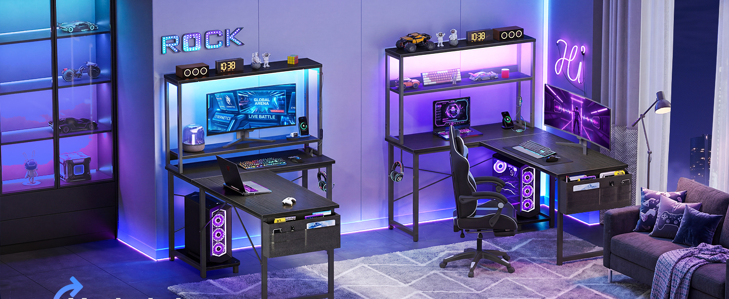 Ігровий кутовий стіл ODK Gaming з LED-підсвіткою, полицею-дисплеєм та розеткою, 110×80 см, чорний — ергономічний комп'ютерний стіл з органайзером